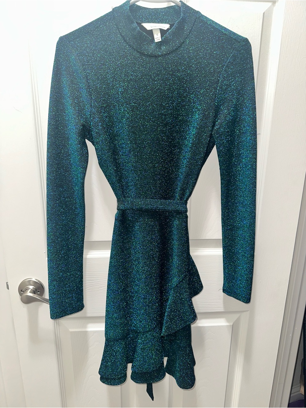 Speechless Teal Sparkle Long-Sleeve Ruffle Dress